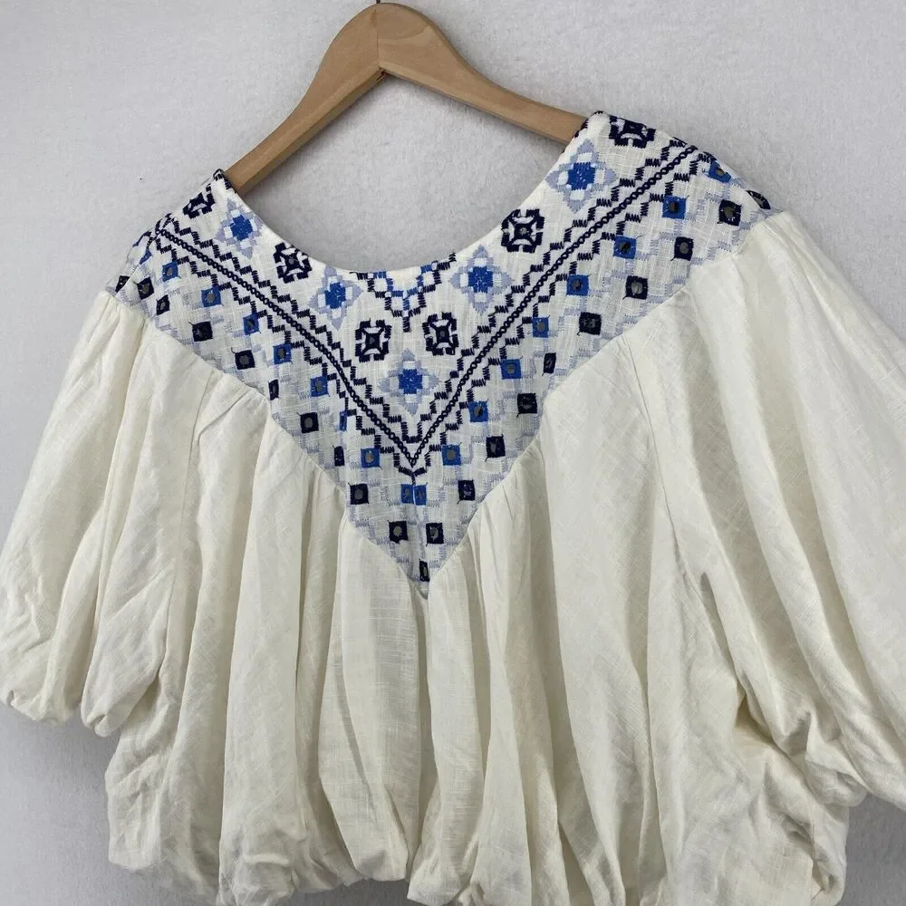 FREE PEOPLE Joni Top L Boho Embroidered Shirred Puff Sleeve Cropped White Blue